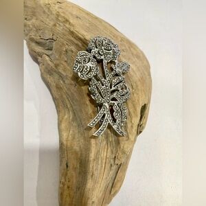 Vintage Sterling Silver Marcasite Double Rose Brooch Pin Floral 10g